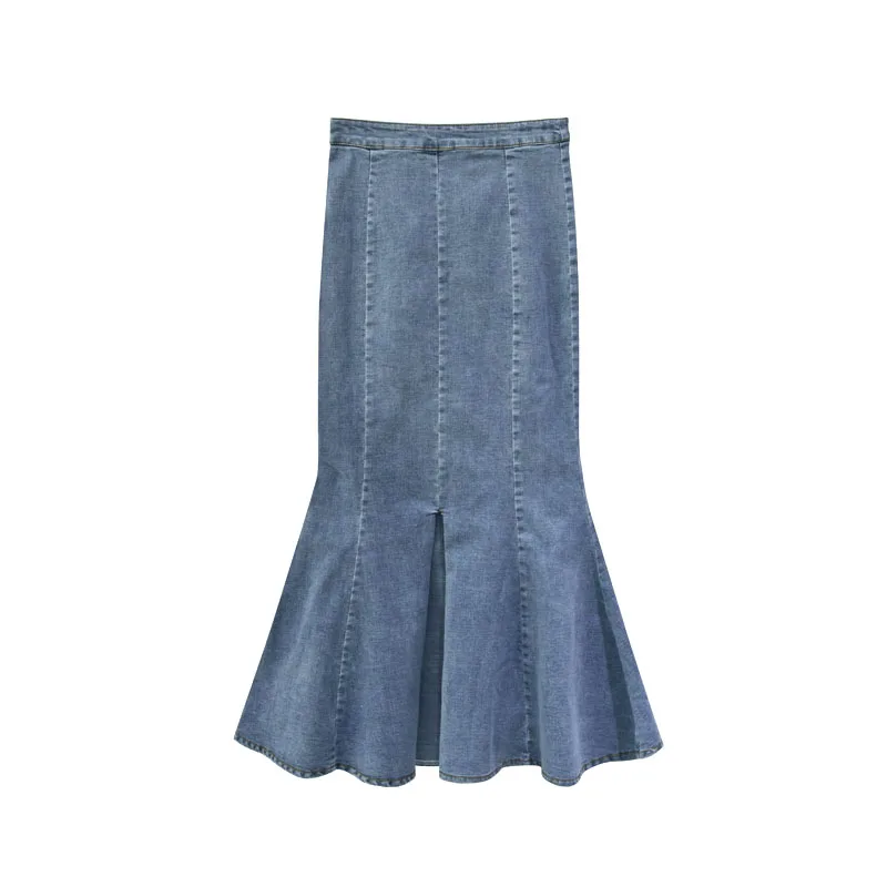 Średniej długości rozcięcie Denim spódnice z rybim ogonem kobiety wiosna lato Vintage spódnice trapezowe z wysokim stanem Casual dopasowane spódnice damskie