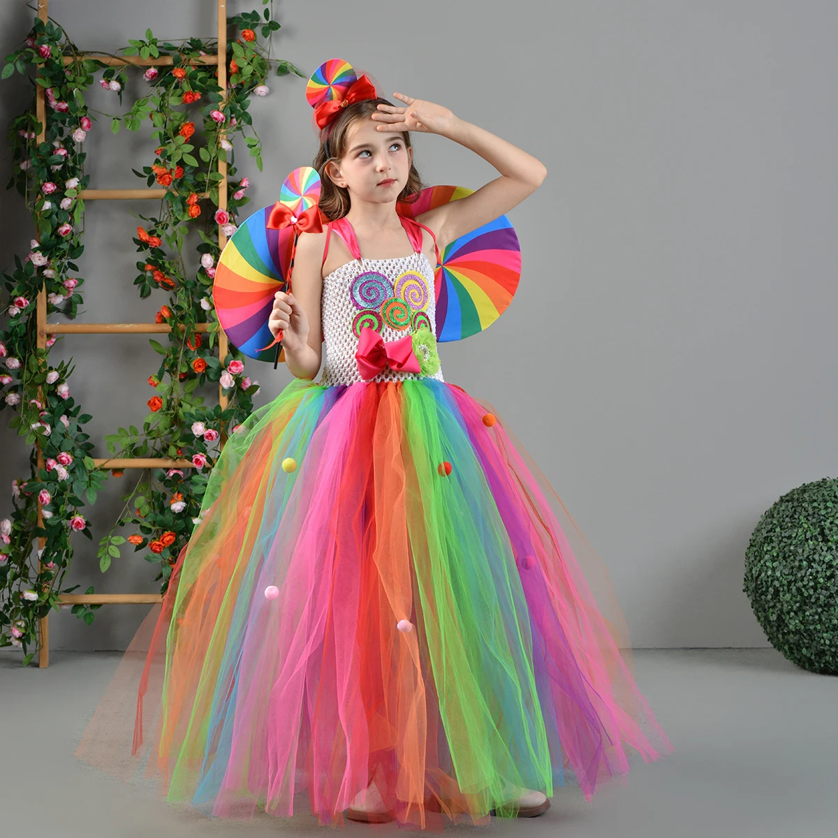 Purim Girls Lollipop Costume Rainbow Lollipop Tutu Dress Girls Flowers Candyland Outfit Kids Festival Party Robe Pageant Gown