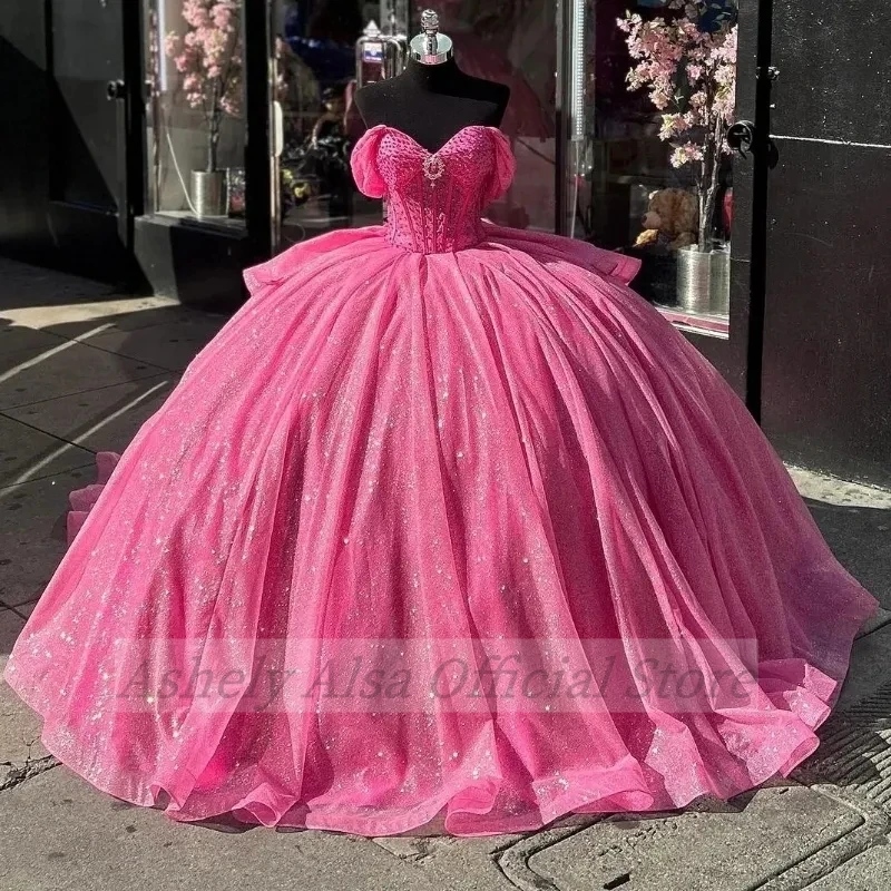 Vestido de fiesta de cumpleaños para niñas fucsia personalizado con hombros descubiertos y cuentas con cordones Vestido de baile Ropa de graduación Vestido 15 16 Vestido para quinceañeras