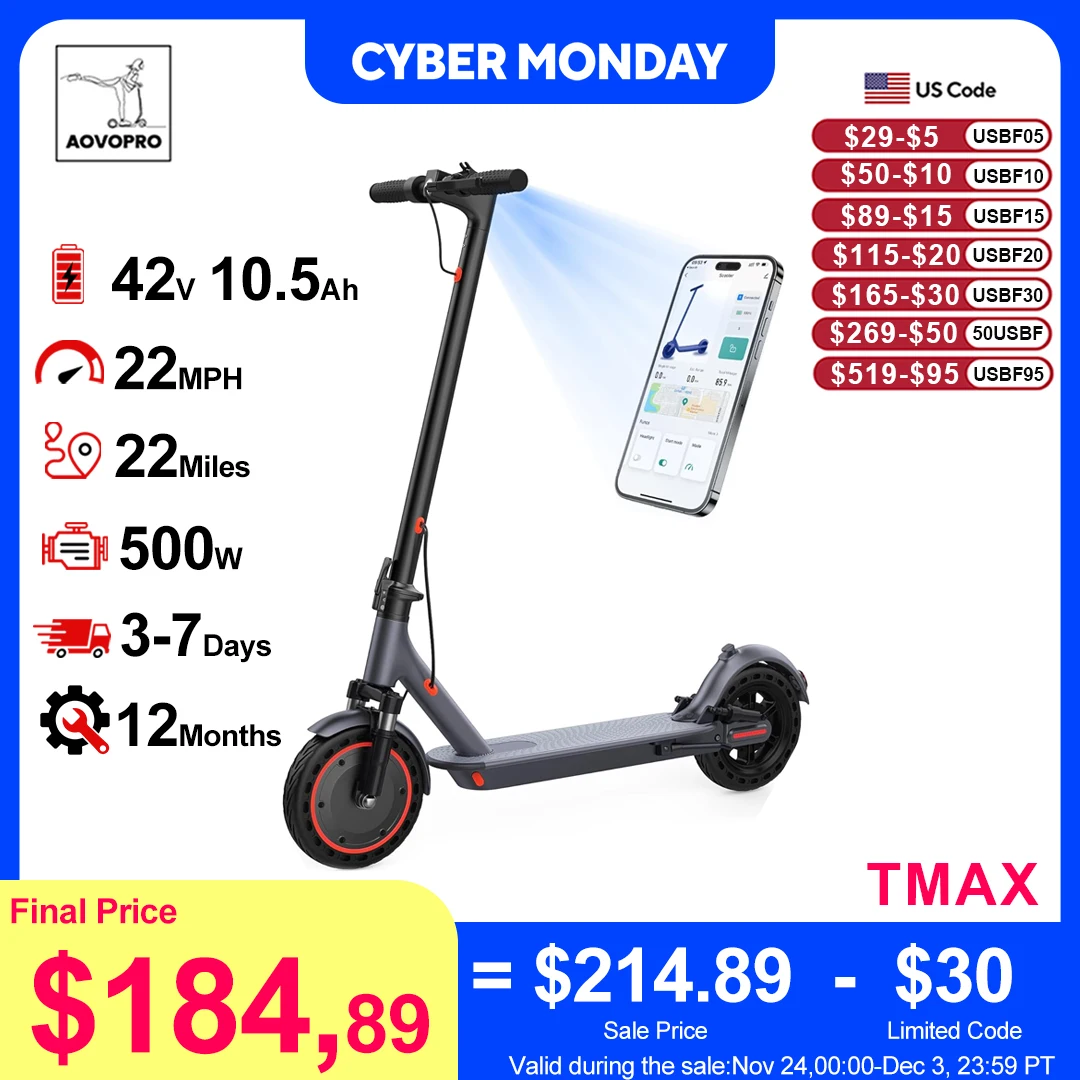 

AOVOPRO TMAX 10inch Electric Scooter 500W 22MPH Adult APP Smart Scooter Shock-absorbing Anti-skid Folding Electric Scooter
