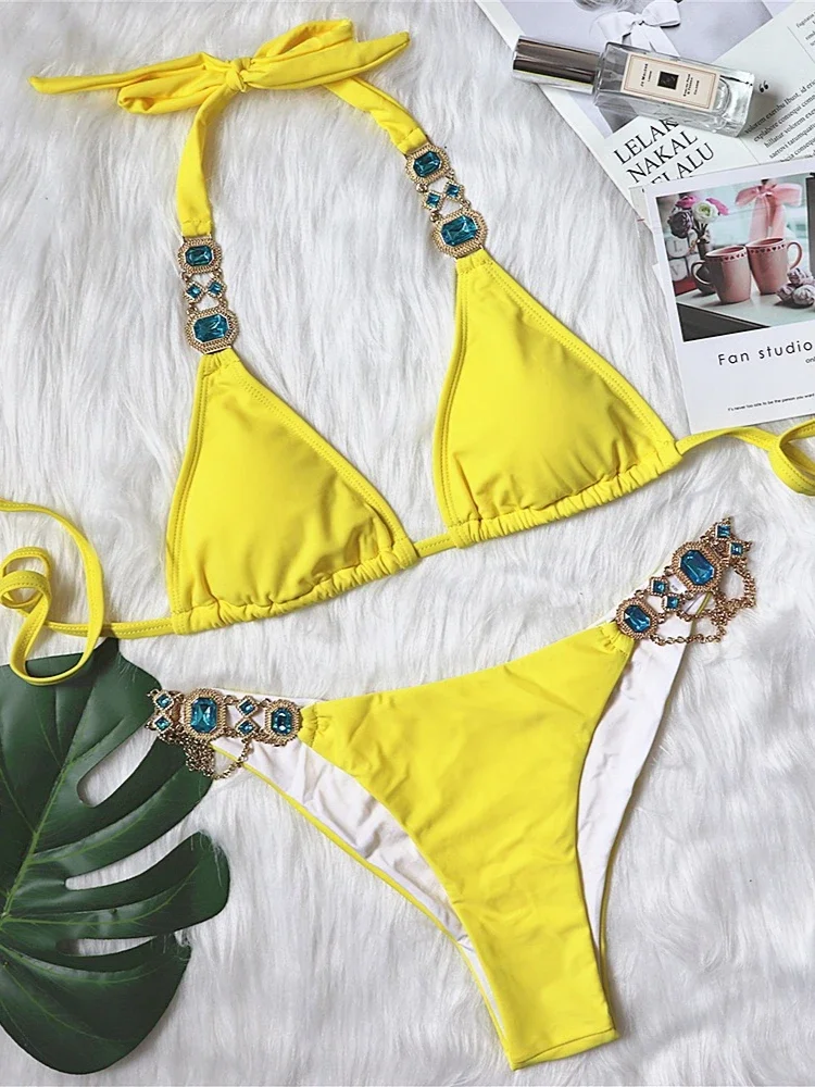 Bikini Set Women's Crystal Diamond 2 Piece Swimsuit Creative Metal Chain Sexy Straps Solid Color Low Waist Thong Beachwear 2025