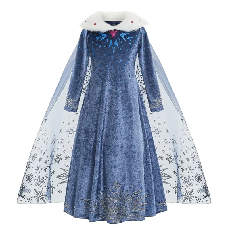 Frozen Princess Elsa's Same Dress Elsa Fur Collar Blue Winter Warm Long-Sleeved Printed Clothing With Cape Doll 2-10T