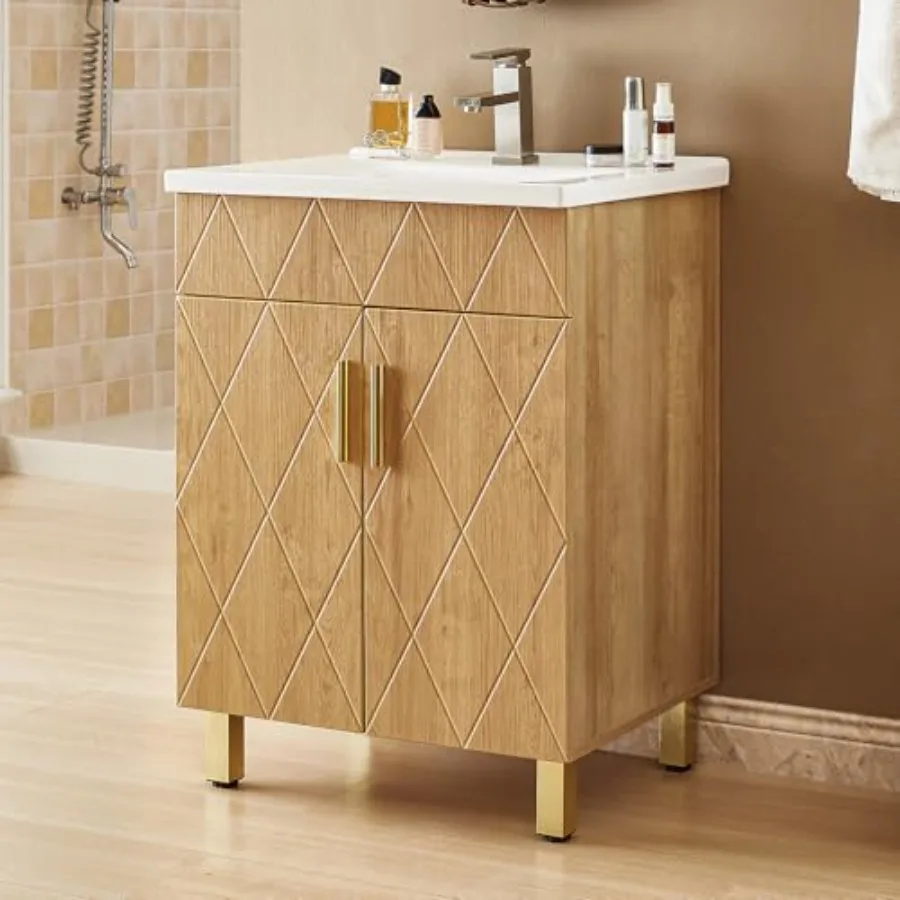 Bathroom Vanity with Sink 24 Inch, Modern Bathroom Cabinet with Diamond Pattern Doors, Ceramic Sink, Metal Legs, Small Bathroom
