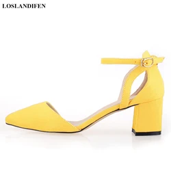 2025 Pointed Flock Women Sandals Concise Buckle Thick High Heels Ladies Office Shoes Red Yellow Hollow Dress Wedding Woman Pumps