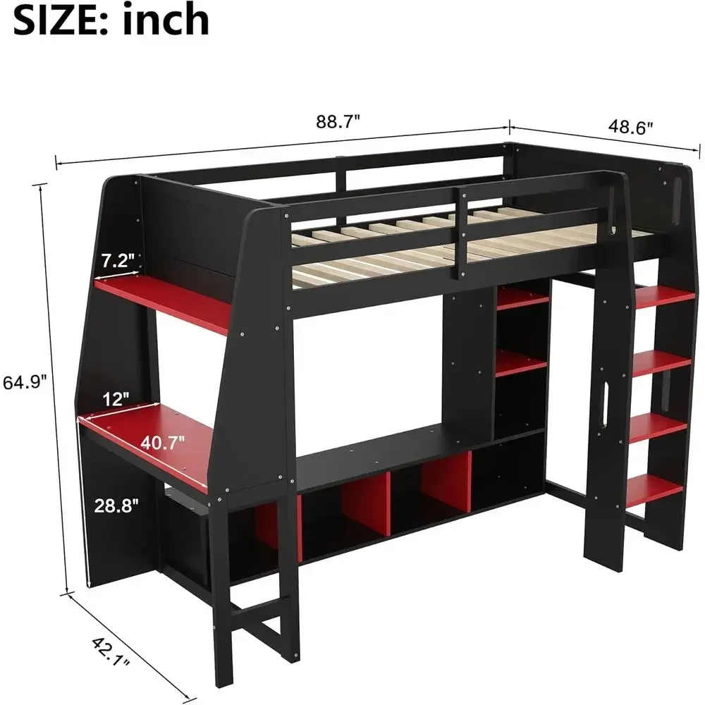 Twin Size Gaming Loft Bed with Desk, Solid Wood with Wardrobe and Storage, LED Light Options for Kids, Teens, Adults - Black & R