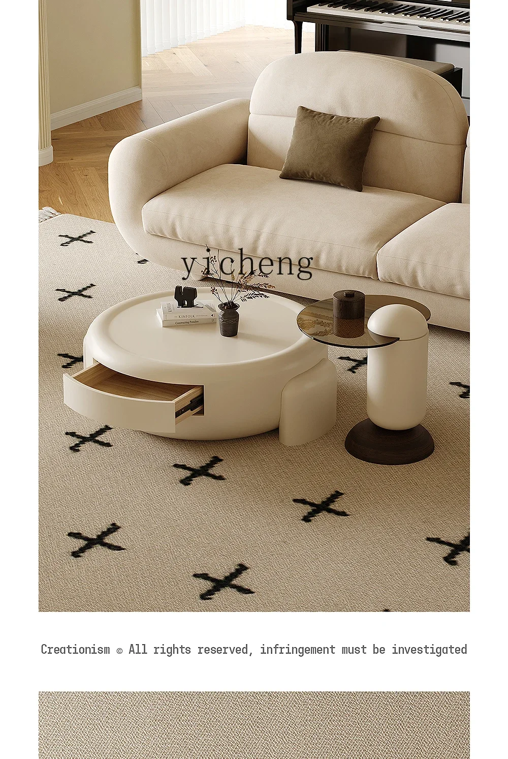 طاولة قهوة مستديرة بسيطة وحديثة كبيرة وصغيرة على الطراز الفرنسي الكريمي لغرفة المعيشة وطاولة قهوة فنية راقية