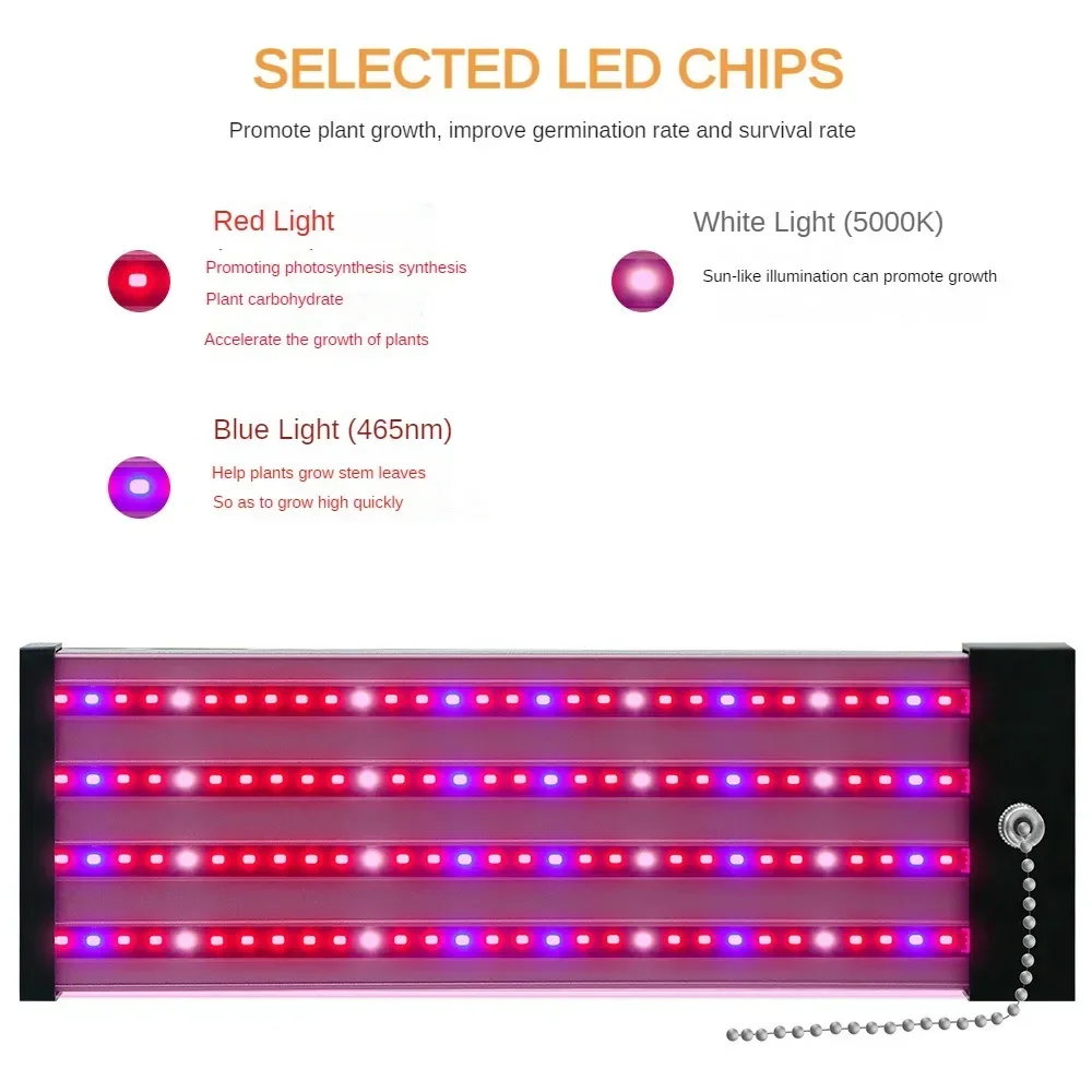 Lâmpadas LED de Espectro Completo, Cultivo Interior, Estufa, Legumes, Flores, Iluminação Vegetal Pendurada, 96 LEDs, 50cm