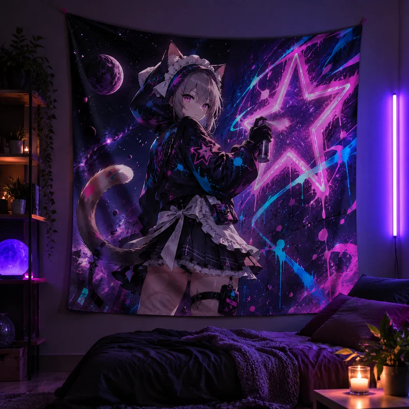 VIKAMA Graffiti Star Cat-Ear Maid Anime Tapestry, Neon-Style Spray-Painted Wall Hanging, Home Decor Tapestry