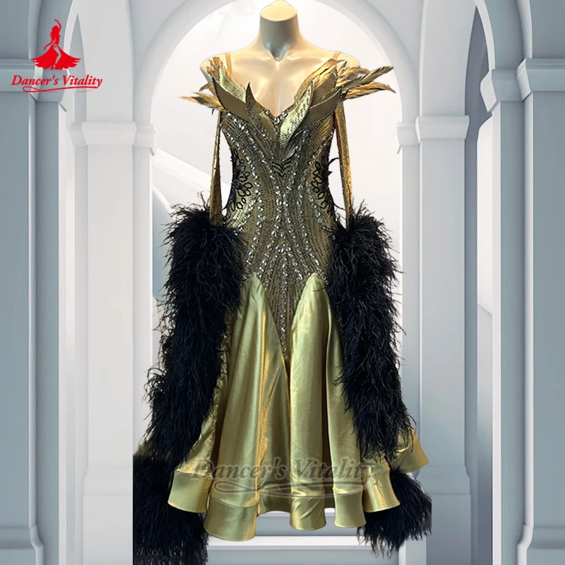 Women Ballroom Dance Sleeveless Backless Wrapped Hips Dresses Customized Adult Waltz Feather Style Clothing Dancer's Vitality
