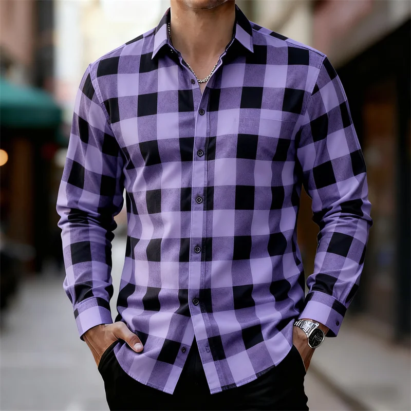 قميص رجالي كلاسيكي منقوش باللونين الأحمر والأسود بأكمام طويلة، متوفر بألوان متعددة، قميص كاجوال كاجوال للخروج في الهواء الطلق #6