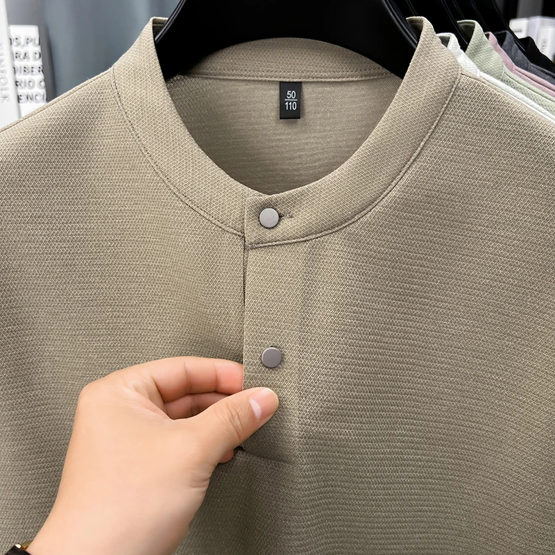 2026 New Men's Single Button Henley Neck Tee Comfortable Textured Fabric Short Sleeve For Casual And Business