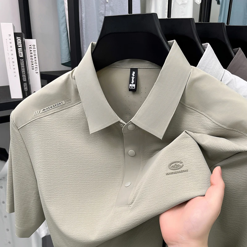 Light luxury men's short sleeve summer polo shirt new fashion brand letter embossed business casual breathable ice silk T-shirt