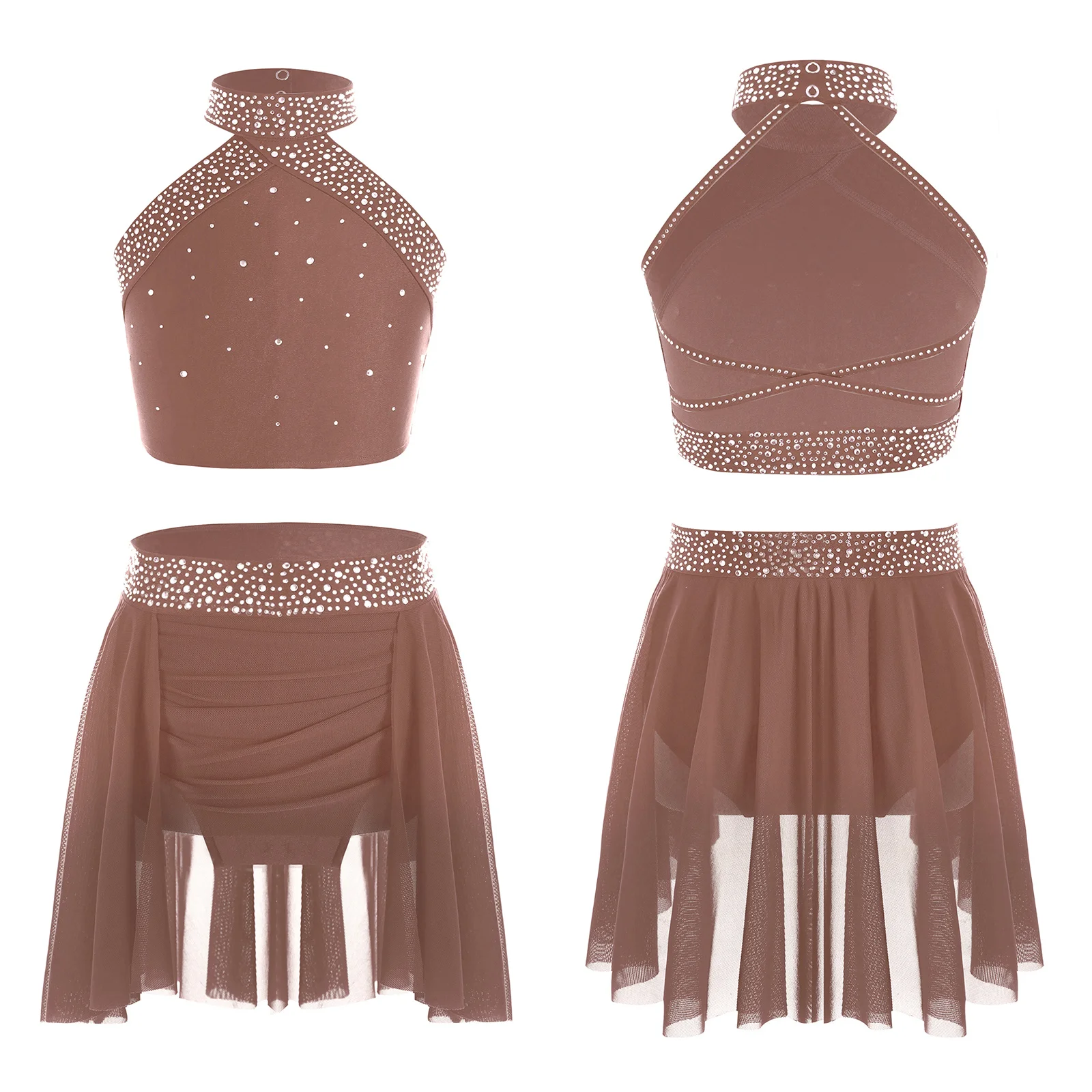 Kids Girls Sheer Mesh Crop Top + Skirt Sets Ballet Dance Costume Gymnastics Outfit Teens Contemporary Modern Lyrical Dance Wear - view 6