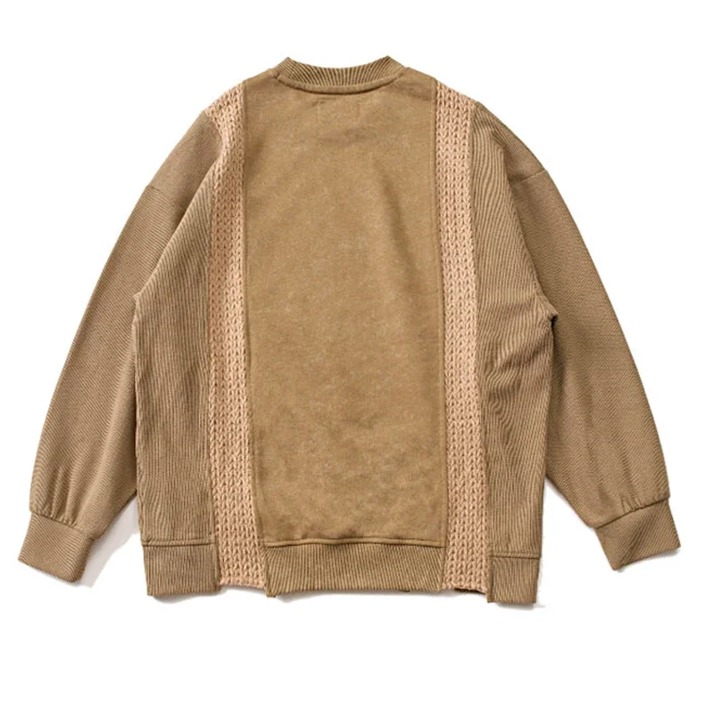 Japanese Style Washed Multi Material Patchwork Cashew Flower Embroidery Round Neck Pullover Loose Hoodie Top for Men and Women