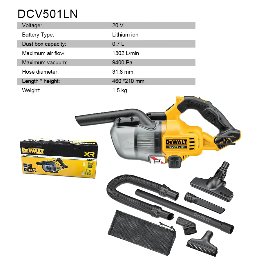 DEWALT DCV501LN Brushless Cordless Industrial Vacuum Cleaner 20V Dry Hand Vacuum Without Battery & Charger Household Cleaner