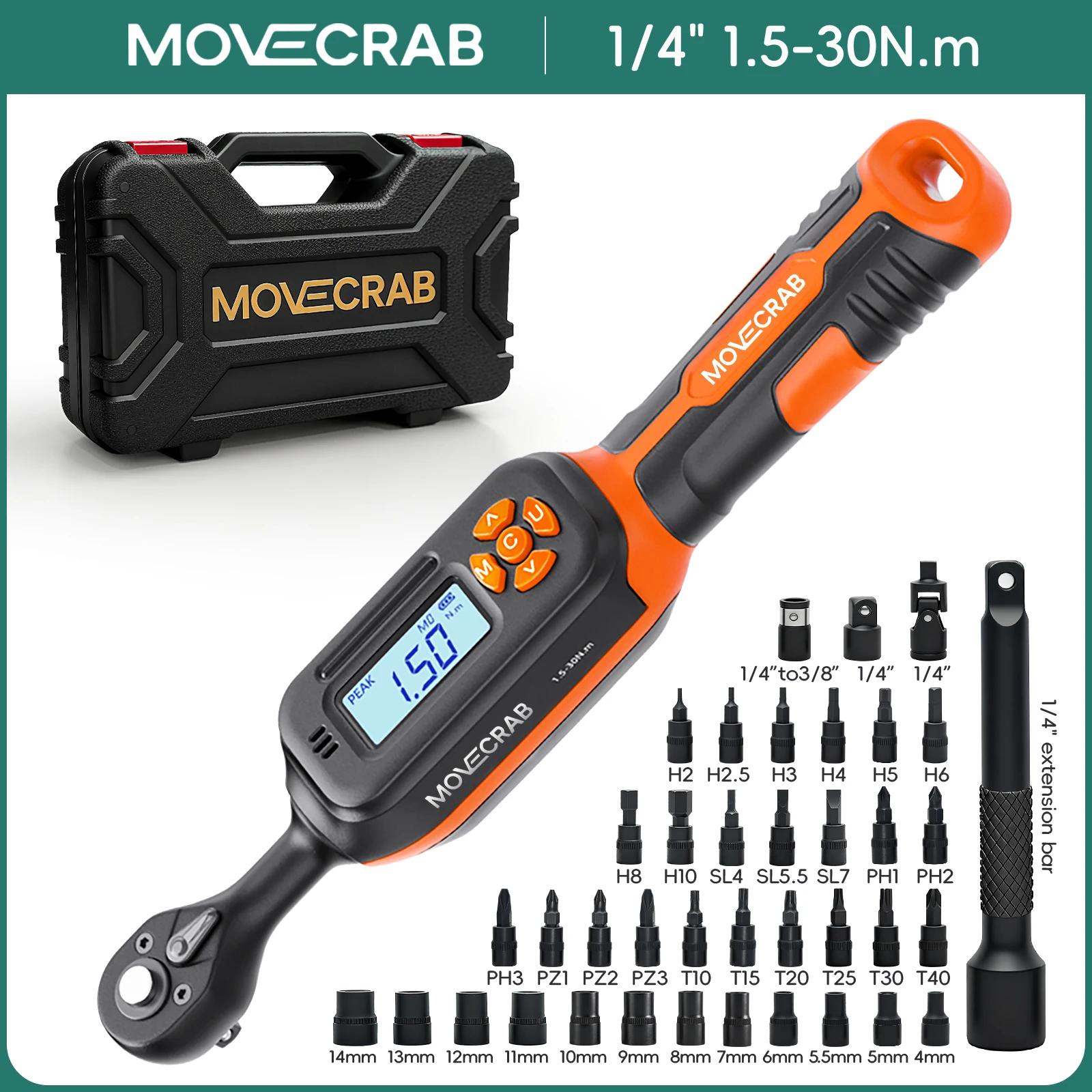 MOVECRAB Serie Digitale Momentsleutel 1,5-340N.m 2% Nauwkeurigheid Voorgeprogrammeerde Waarden met Zoemer, LED-flits & Trillingsmelding op de handgreep