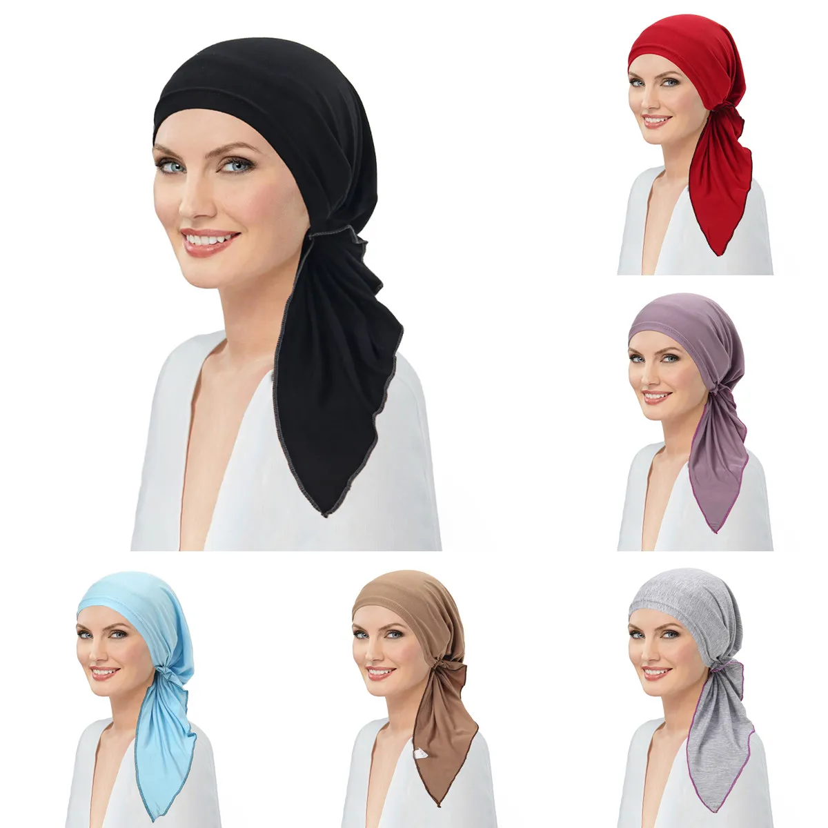 

Muslim Hijab Turban Women Pre-Tied Long Tail Headscarf Wrap Chemo Cap Beanies Bonnet Head Scarf Stretch Headwear Hat Mujer