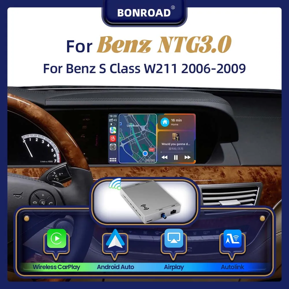 Module d’interface sans fil CarPlay et Android Auto pour Mercedes-Benz Classe S CL W221 2006 2007 2008 2009, modèle NTG3.0, avec adaptateur Bluetooth et fonction Mirror Link.
