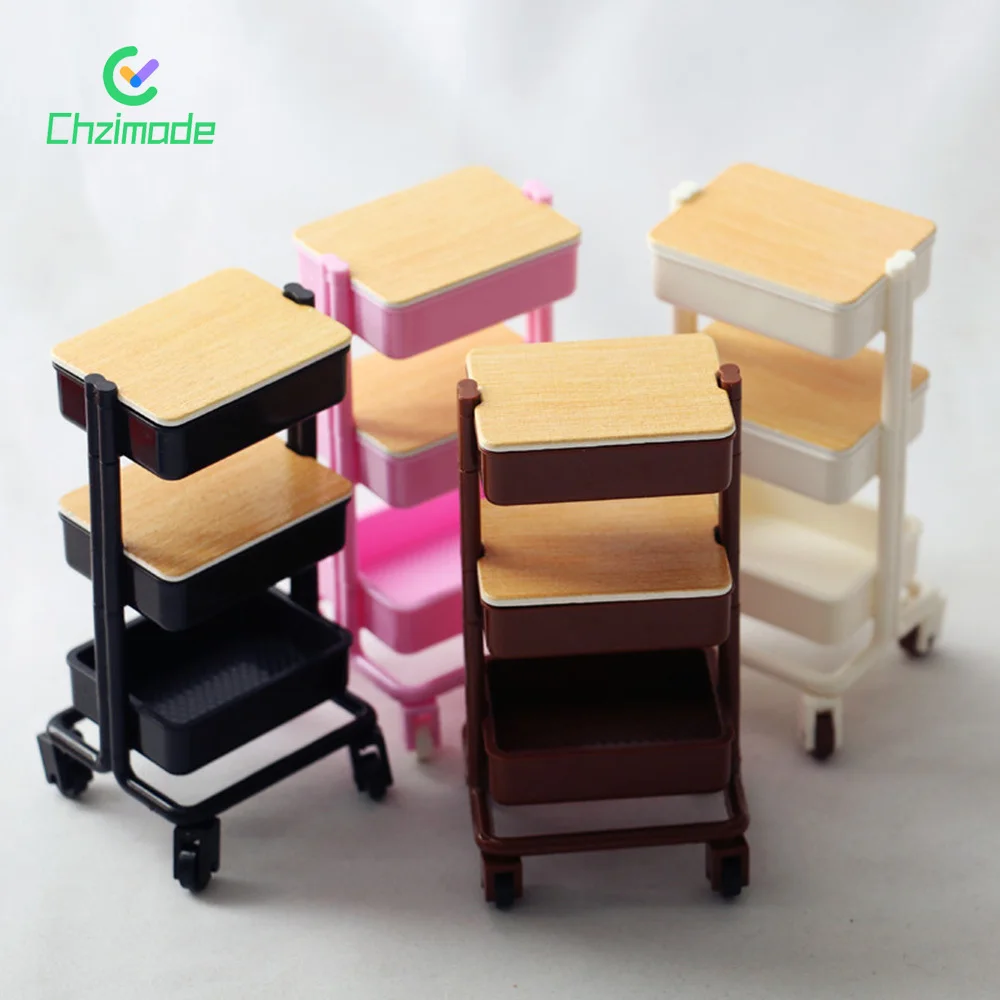 1PC Doll House Movable Trolley Dining Car Storage Shelf Scale Model Mini Furniture Ornaments Miniature Models Home Desktop Decor