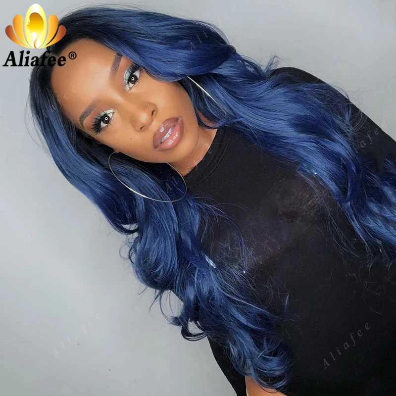 Transparent Dark Blue 13x6 Body Wave Wigs Pre Plucked 28 30 Inch Lace Front Human Hair Wigs Ombre Colored 13x4 Lace Front Wig image 5