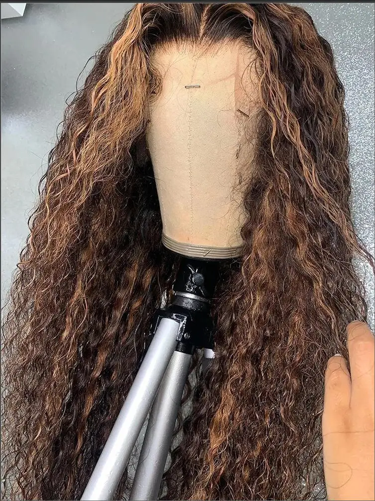 Peruca dianteira encaracolada Kinky para mulheres negras, pré-arrancada, densidade de 180%, destaque sem cola, cabelo macio do bebê, loira ombre, 26 "longo