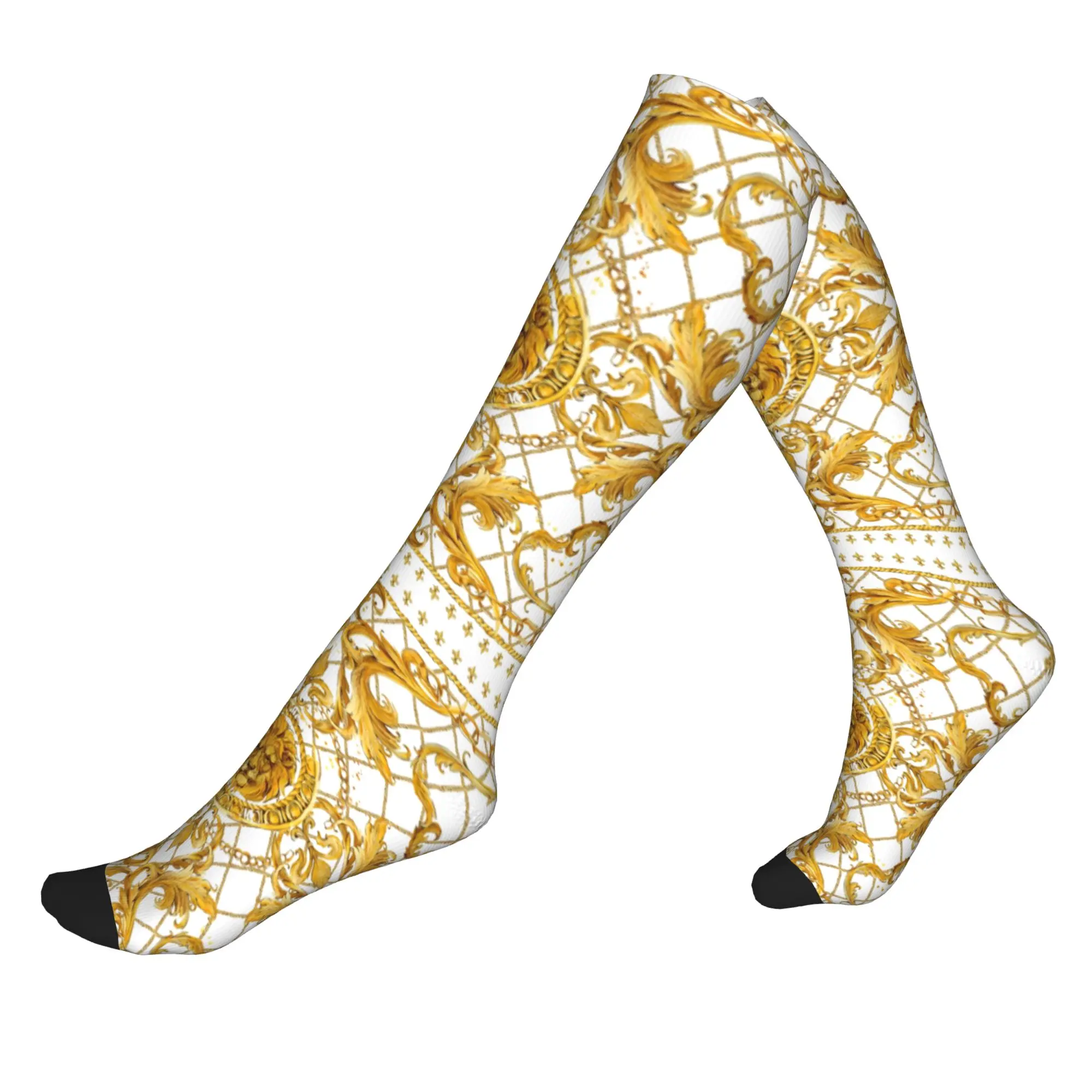 Modische Herren-Socken mit barockem goldenem Löwen und Damastmuster, Unisex, atmungsaktiv, warm, 3D-Druck, Sport-Kompressionssocken