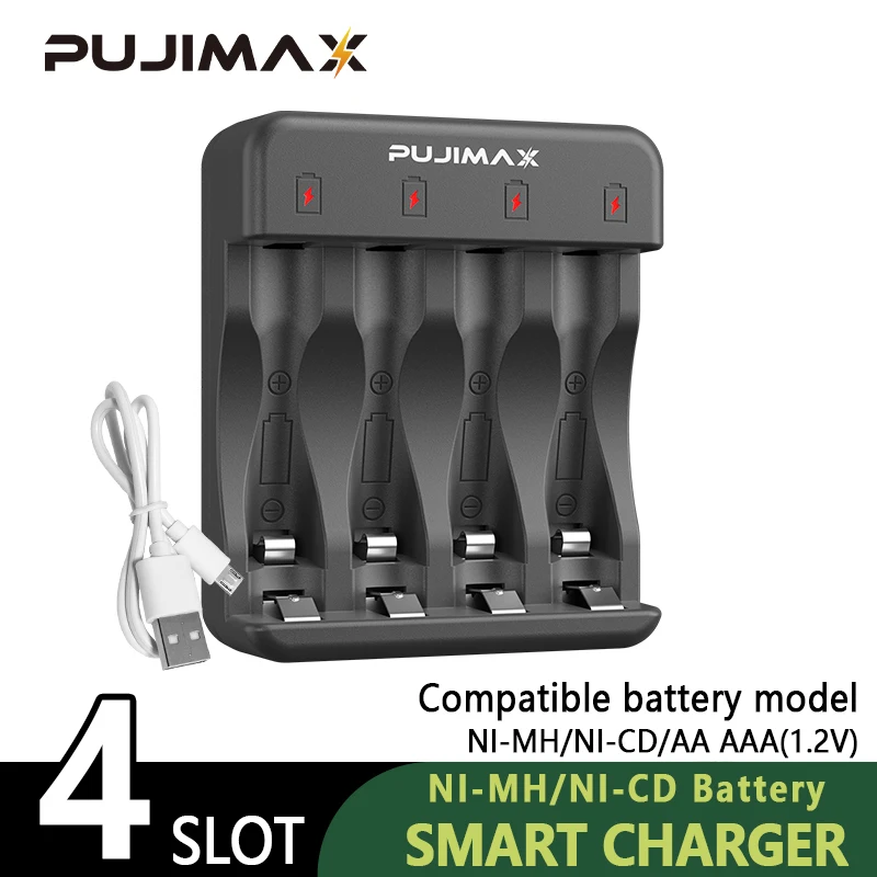 PUJIMAX Battery Charger 1.2V AA/AAA Battery Charger 4 Slots  Ni-MH NiCd Batteries With LCD Smart Display Rechargeable Batteries