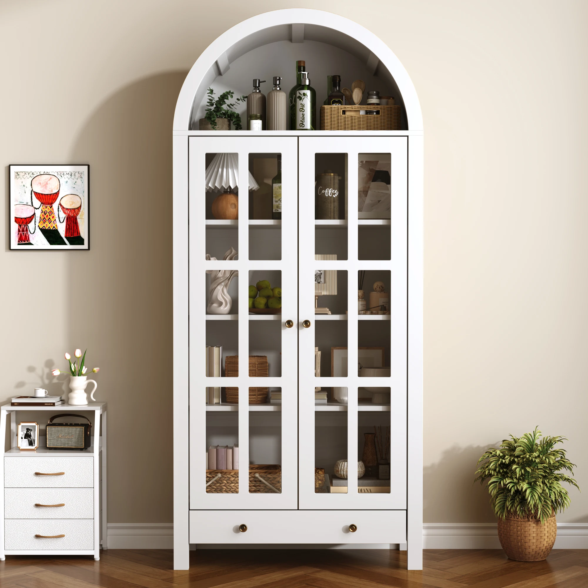 Armoire de sol moderne à arche avec étagères et tiroir, étagère de rangement réglable pour salon, bureau à domicile, salle à manger, vitrine multifonctionnelle