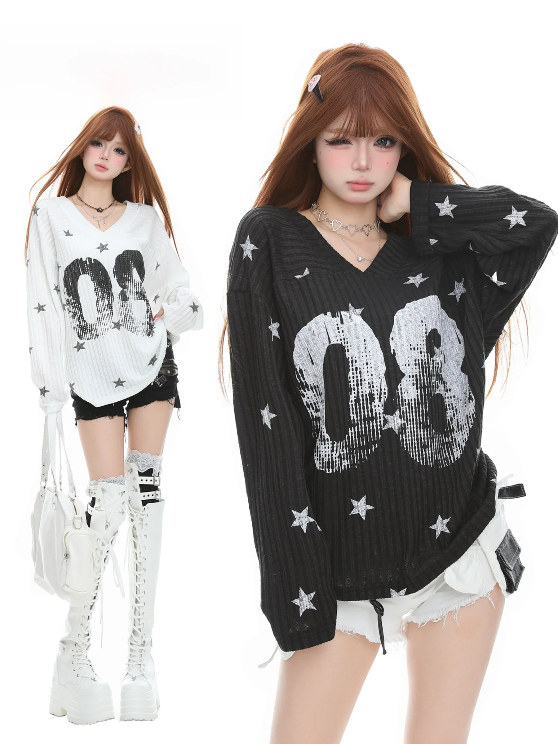 

Женский топ Basterds в американском ретро-стиле с принтом звезд и надписями, V-образным вырезом, длинными рукавами, свободного кроя, стройнящий, для весеннего сезона, из полиэфирного волокна