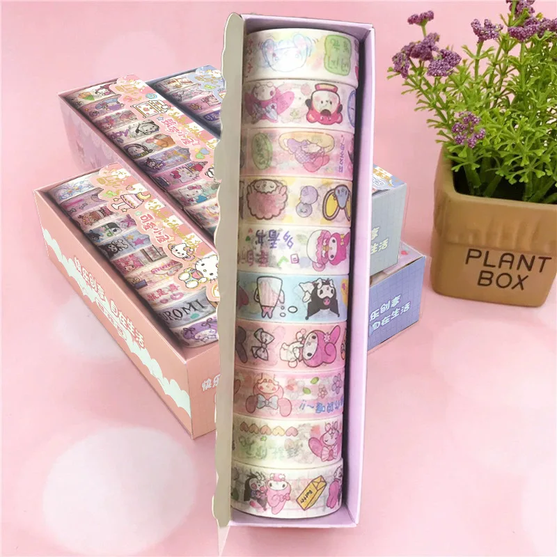 10 Rolls of Sanrio Kuromi Melody Hello Kitty Cartoon Tape Stickers Children\'s Creative DIY Handbook Tape