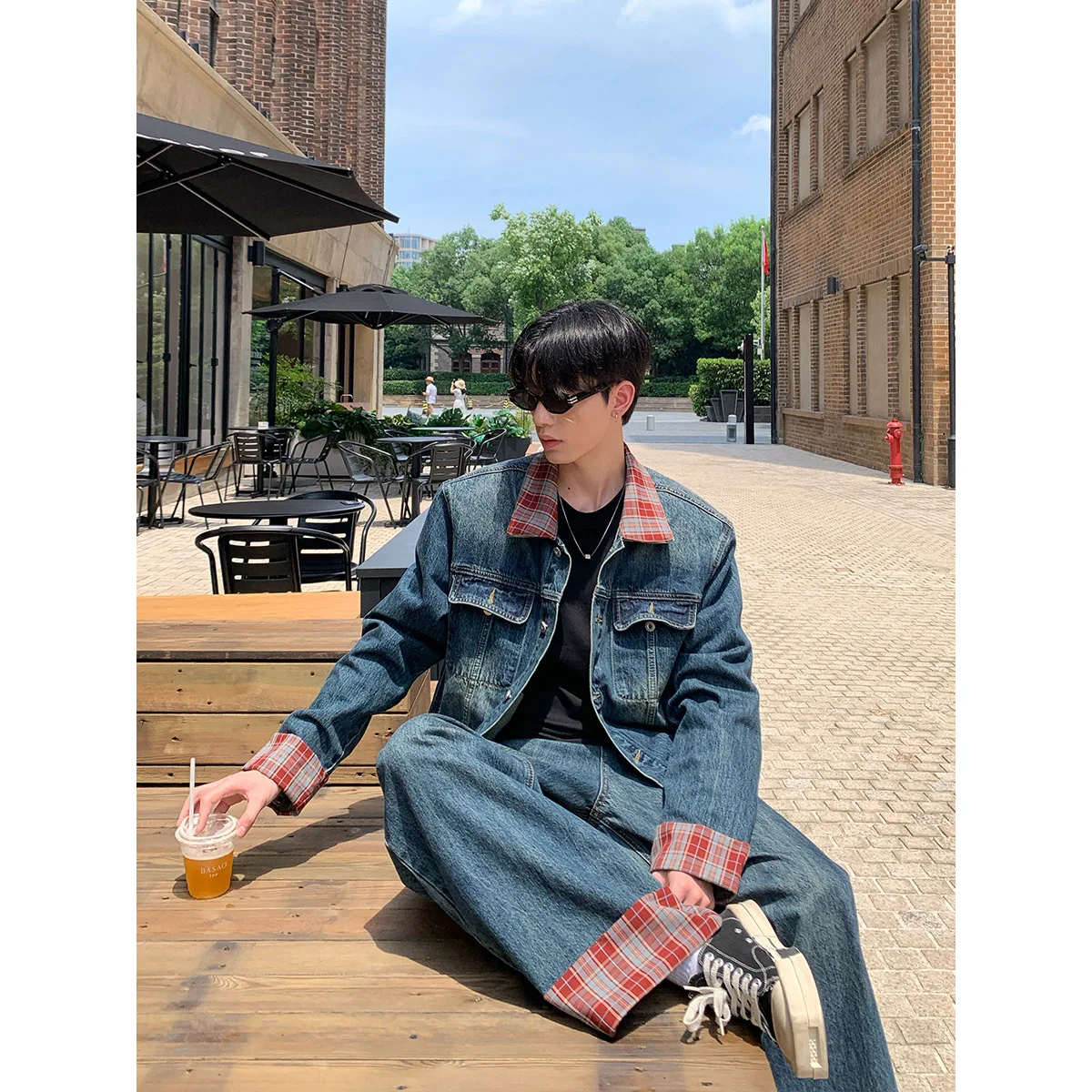 

Plaid Patchwork Men's Denim Two-piece Set, Lapel Color Blocking Jackets And Wide Leg Jeans Suits, Trendy Mans Clothing