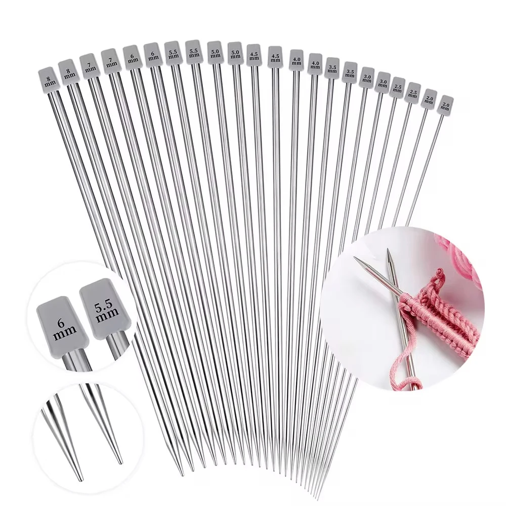 

22Pcs Stainless Steel Knitting Needles 2 mm-8 mm Straight Single Pointed Crochet Hook Sets 25/35cm Sweater Needles for Knitting