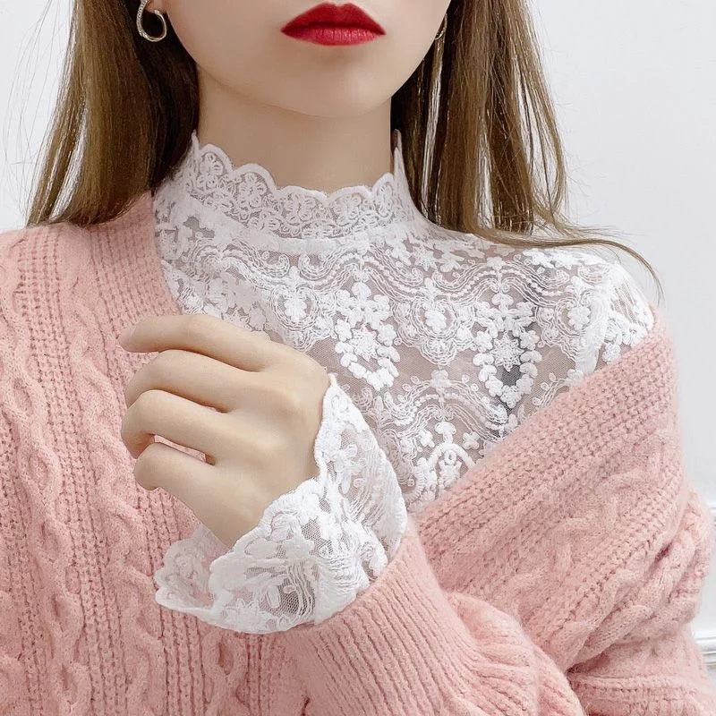 Semi-high Neck Lace Bottom Blouse for Women in Autumn and Winter of 2023 New Western-style Sweater with High-grade Mesh