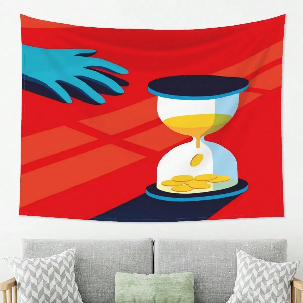 Time is Money Tapestry - Abstract Sandglass & Coins Wall Hanging, Motivational Art Decor, Office Living Room, Multiple Sizes