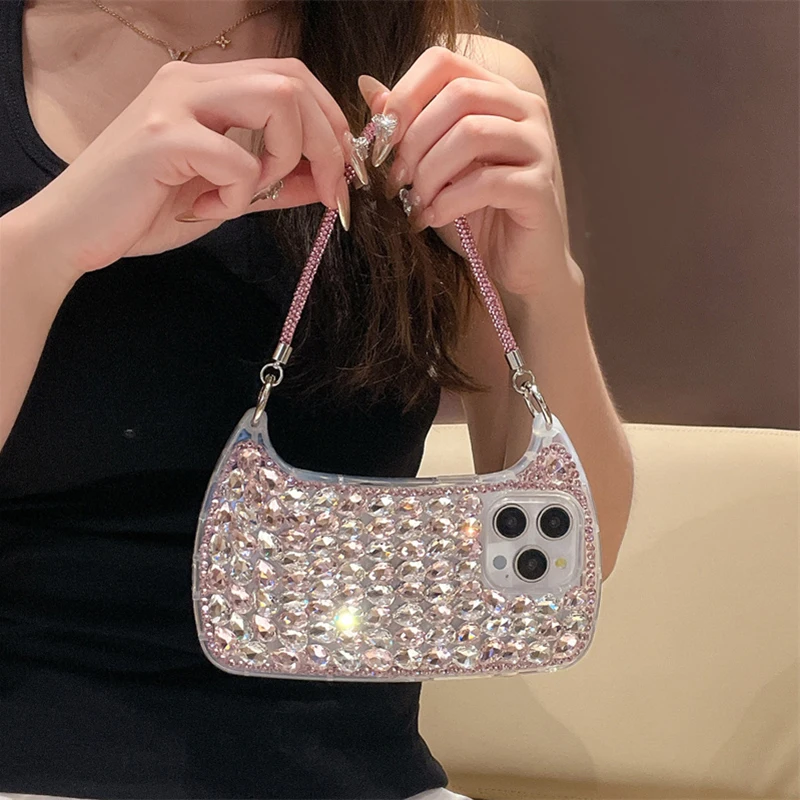 Luxury Bling Rhinestone Hand Bag For iPhone 16 Pro 15 14 13 Pro Max 12 Phone Case Silicone Cute Cases For Apple 15Pro max Funda