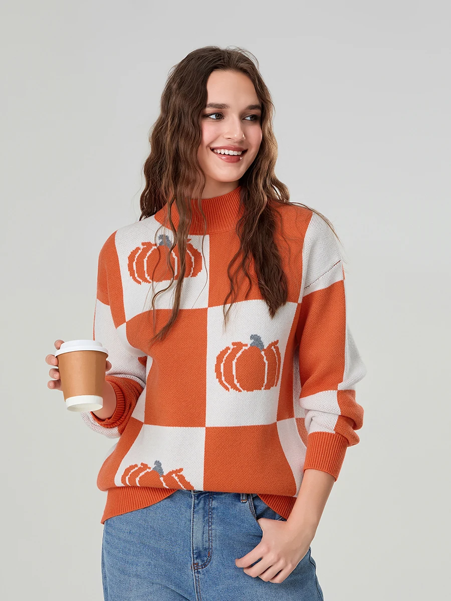 wsevypo Autumn Winter Halloween Pumpkin Sweater Women's Loose Checkerboard Mock Neck Long Sleeve Pullover Knit Tops Jumpers