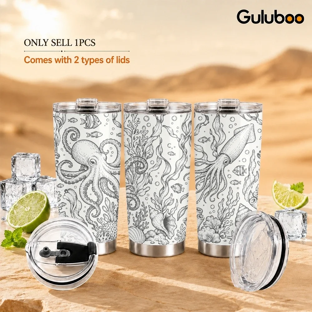 Underwater Sketch Line Art Vacuum Flasks 20oz Stainless Steel Insulated Tumbler Double Wall Cup with 2 Lids Straw Travel Mug