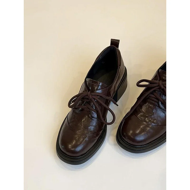 

Leather shoes for women 2025 autumn British retro leather round toe lace up loafers for commuting versatile thick heels