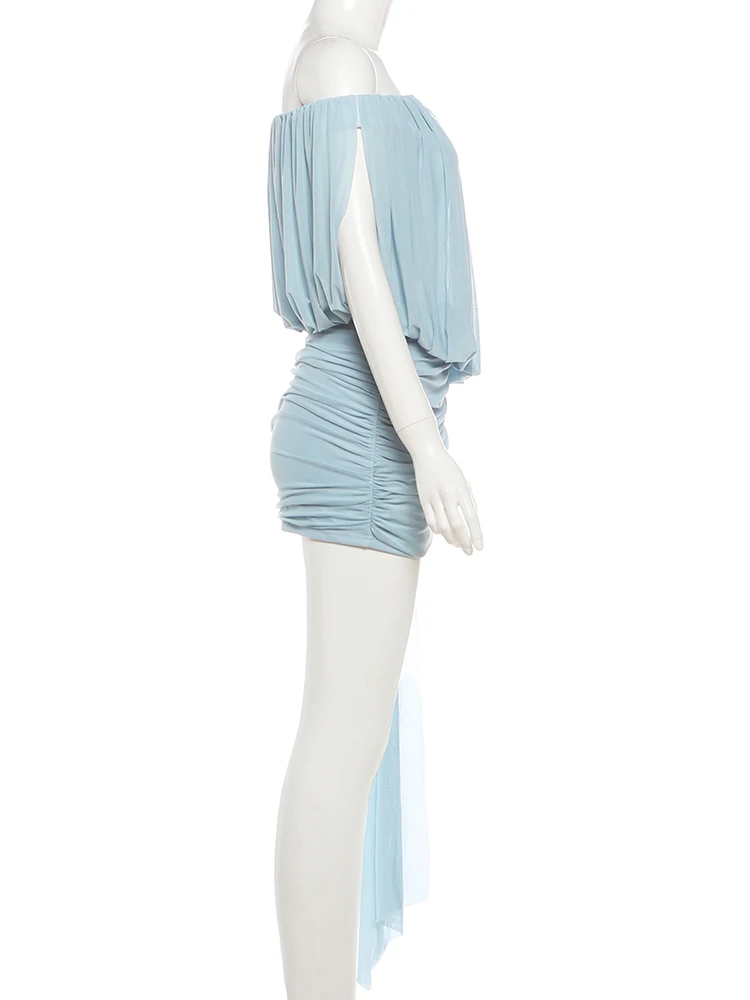 Sisterlinda Folds Tassel Slash Neck Dress Damen Mesh Solid Sweet Elegant Summer Trend Vacation Prom Party Classic Mini Bodycon – Detail 8
