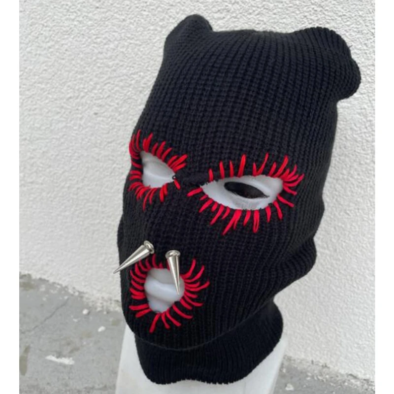 Halloween Funny Knit Hat Warm Full Face Cover Devil Horn Balaclava Hat