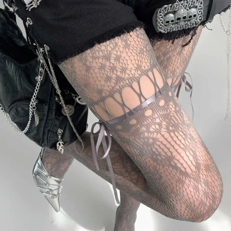 Damskie letnie pończochy kabaretki w stylu Y2K z wycięciami, szare jedwabne skarpetki, cienkie pończochy Lolita, rajstopy do spodni JK