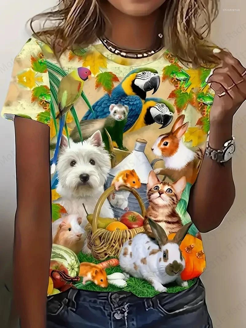เสื้อยืดพิมพ์ลายสัตว์ 3 มิติ สุดน่ารัก สไตล์ฮาราจูกุ สำหรับผู้หญิง ลายสุนัขและแมว แฟชั่นเสื้อผ้าลำลองสำหรับสาวๆ เสื้อยืดลายกราฟิกสัตว์น่ารักสำหรับผู้หญิง