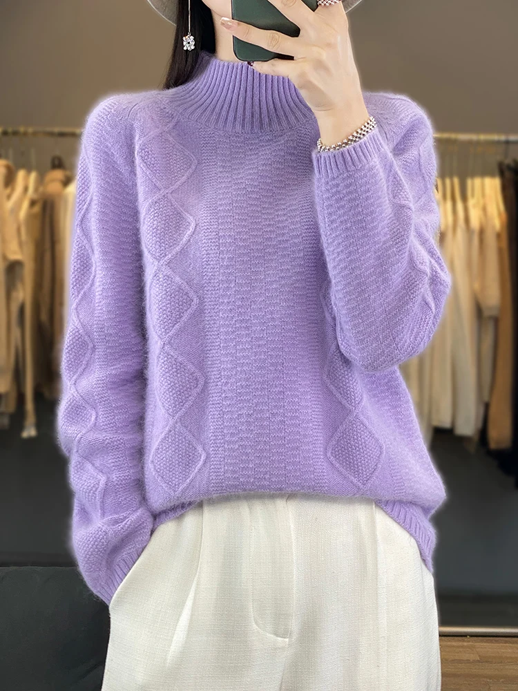 2024 New Autumn Winter Women Sweater Mock Neck 100% Pure Mink Cashmere Pullovers Knitwear Thick Warm Fashion Jumpers Clothing