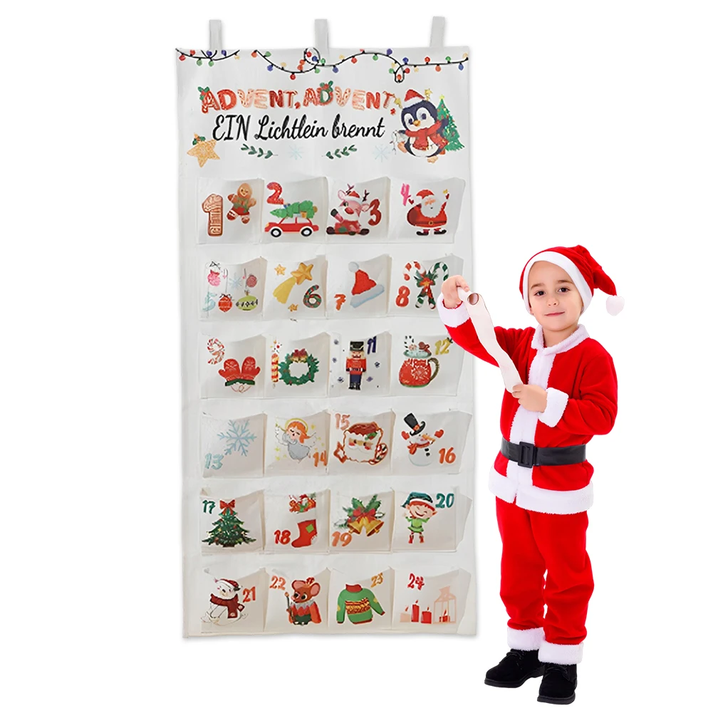 Fabric Christmas Advent Calendar Xmas Wall Decoration Reusable Advent Calendar 2024 with 24 Pockets Xmas Party Favors