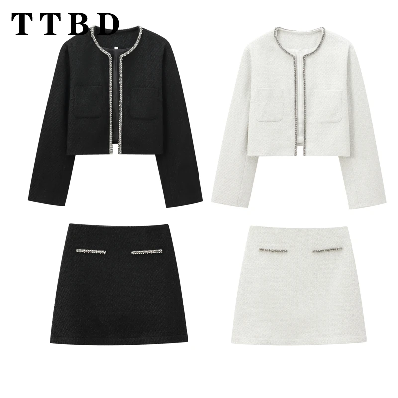 TTBD 2024 Autumn Female Sophisticated Short Top A-lineskirt Party Lady Long Sleeve V-Collar Mini Skirt Ruffles Coat Outerwear