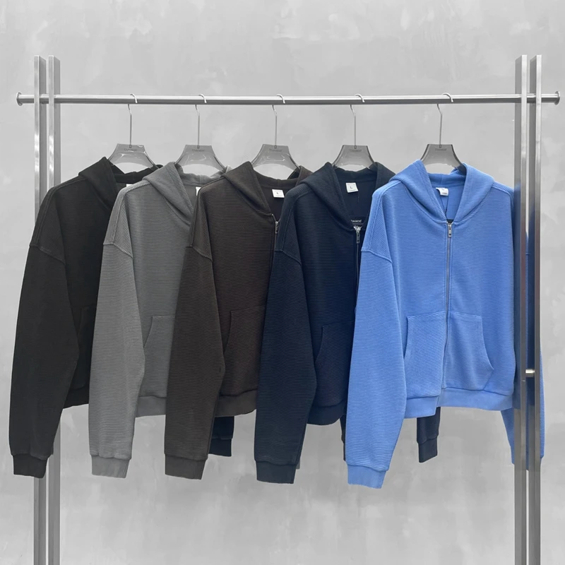 Waffle Knit Full Zip Hoodie for Men Vintage Washed Hooded Sweatshirt Casual Loose Cotton Kangaroo Pocket Streetwear Clothes