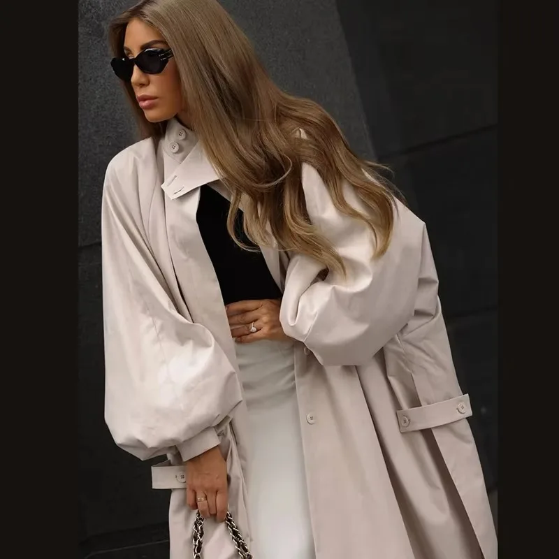 Women's Brown Stand Up Collar Long Long Trench Coat Lantern Sleeve Side Slit Loose Windbreaker 2026 Spring Autumn Fashion Coat