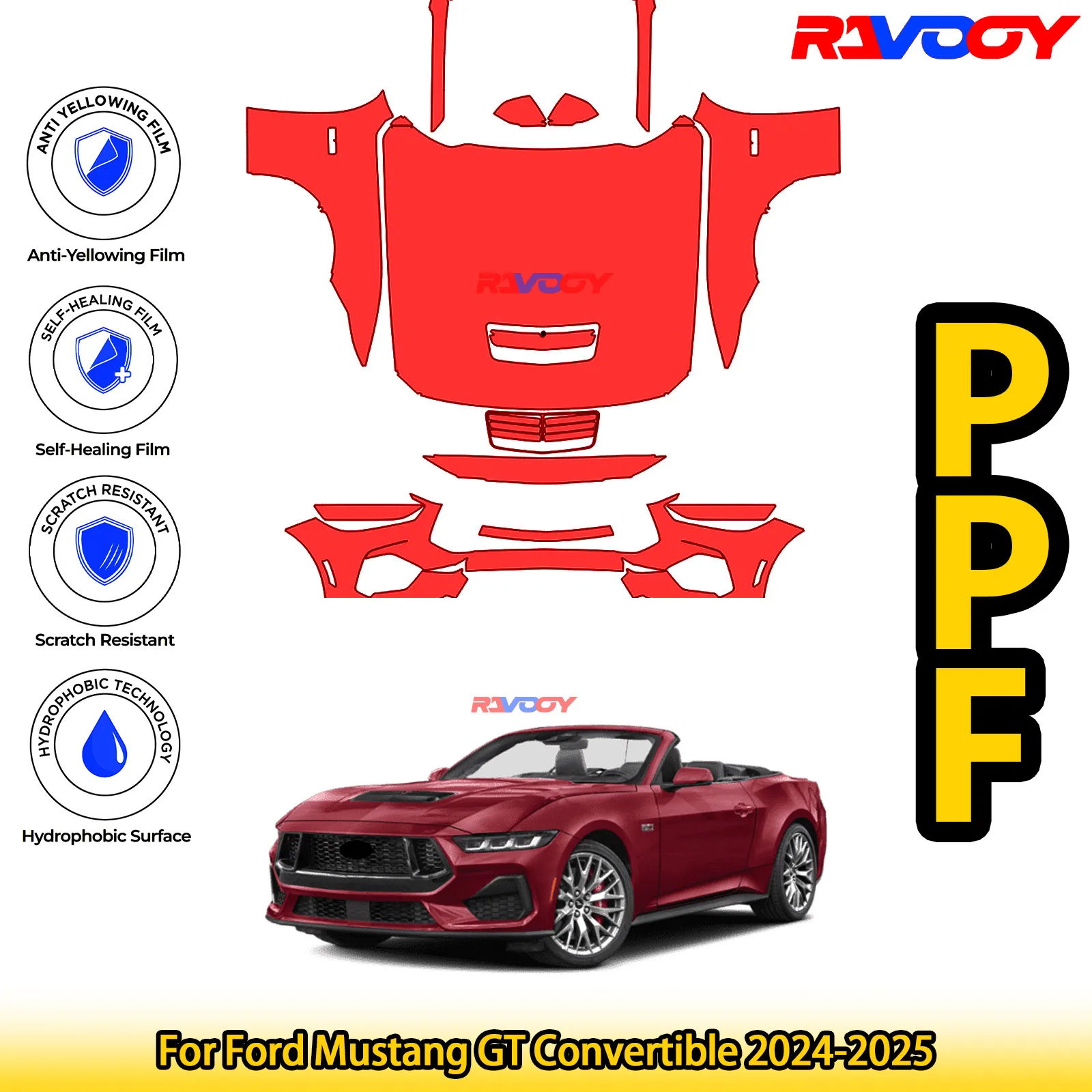 

Для Ford Mustang GT Convertible 2024-2025 глянцевая матовая черная предварительно вырезанная передняя защитная пленка PPF Kit