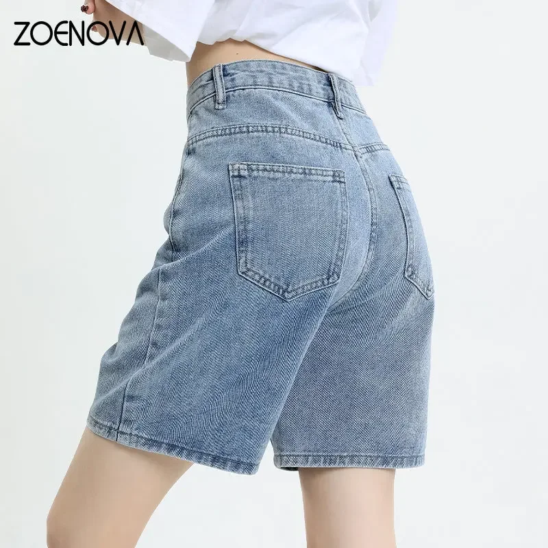 ZOENOVA Women High Waist 2023 Do Old Retro Style New Loose Straight All Match Hot Pants Denim Ins Five Point Wide Shorts Jeans