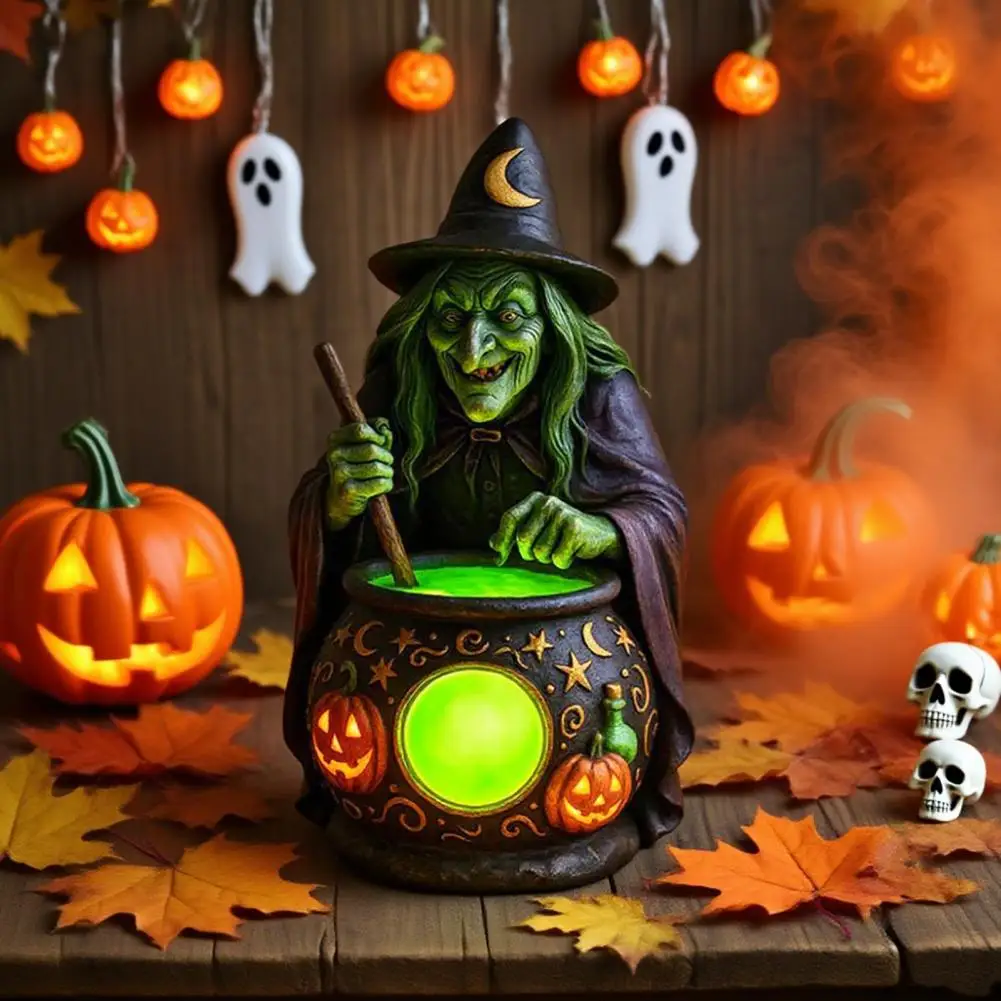 Halloween Witch Cauldron Lamp with Eerie Green Glow LED Witch Ghost Lamps Spooky Witch Brewing Pot Light Home Decoration
